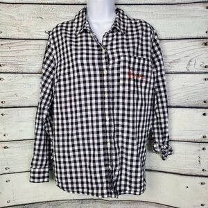 Old Navy Women’s Gingham Plaid Button Down Shirt XL Black White “Love” Embroider